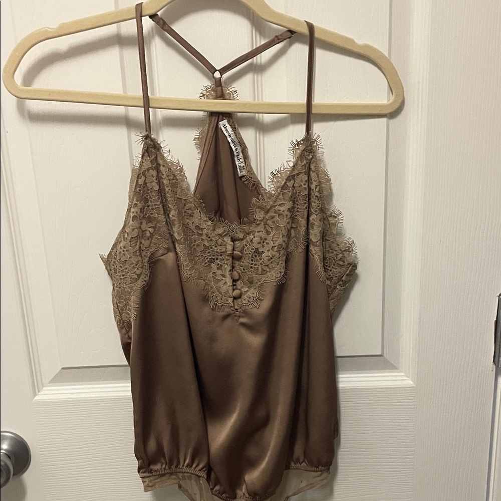 Silky Lace Trim Brown Bodysuit